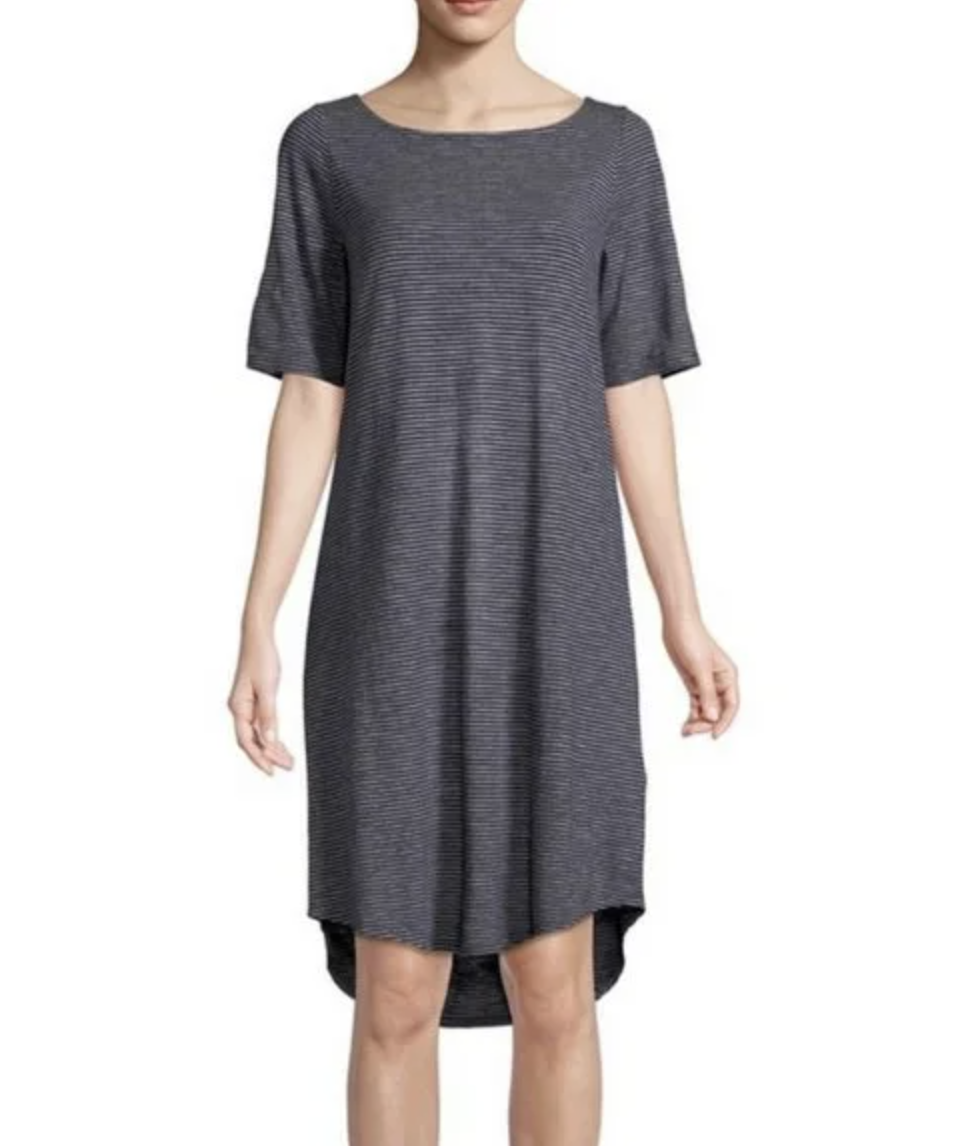 Eileen Fisher Navy Blue Hemp Organic Cotton Striped Dress famousbrandstrading Eileen Fisher Navy Blue Hemp Organic Cotton Striped Dress famousbrandstrading