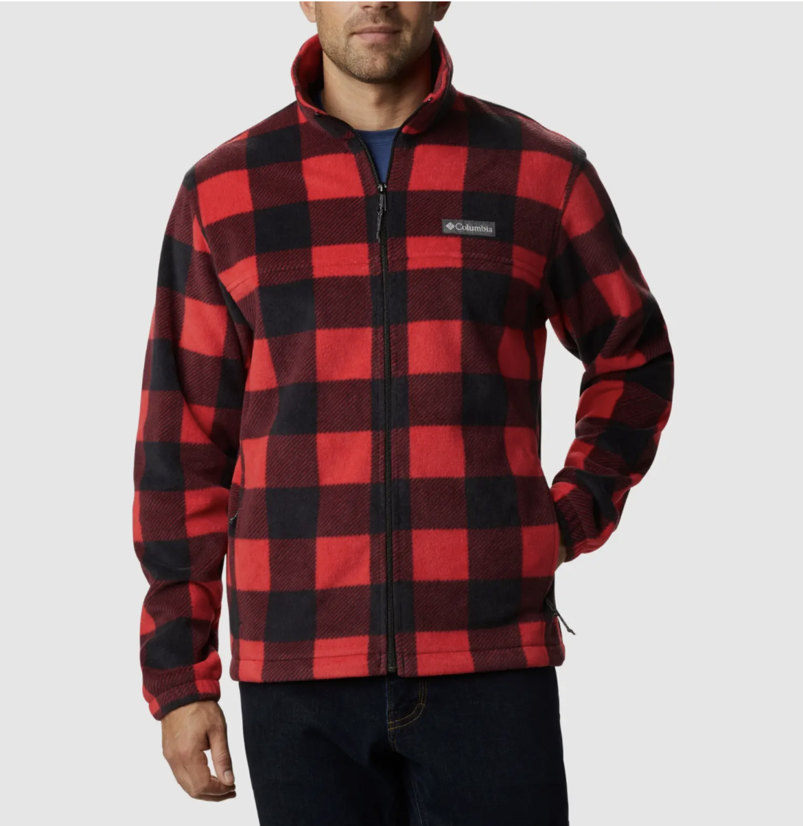 Columbia Red Black Mountain Check Print Fleece Zip Jacket 