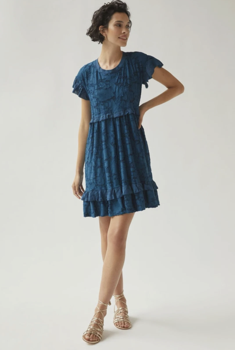 Anthropologie Blue Short Sleeve Ruffle Knit Mini Lined Dress famousbrandstrading Anthropologie Blue Short Sleeve Ruffle Knit Mini Lined Dress famousbrandstrading